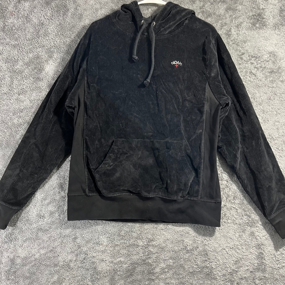 Noah NY Corduroy Hoodie Black Embroidered Logo Pullover Made in Portugal Mens L